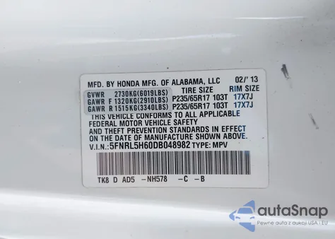 2013 Honda Odyssey Ex-L из США, поврежденный, VIN 5FNRL5H60DB048982